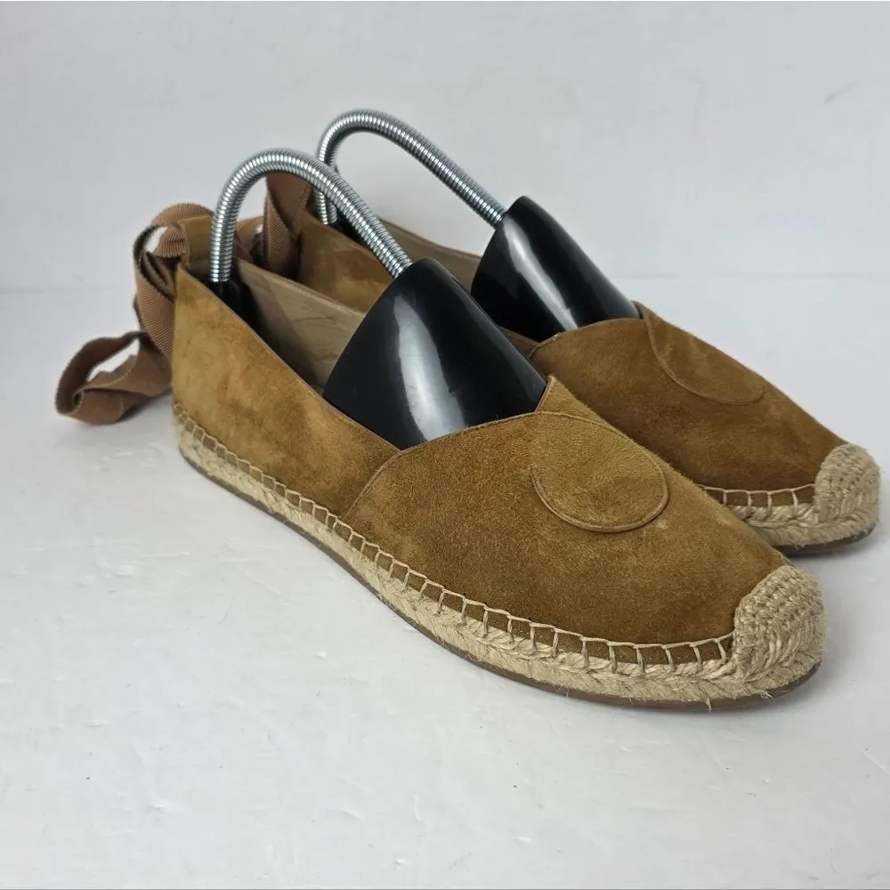 M. Gemi Suede Ankle Wrap Espadrilles Flat Cognac Womens Size 40 EU 9.5 US